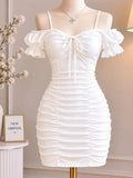 White Ruffle Sleeve Ruched Mini Dress