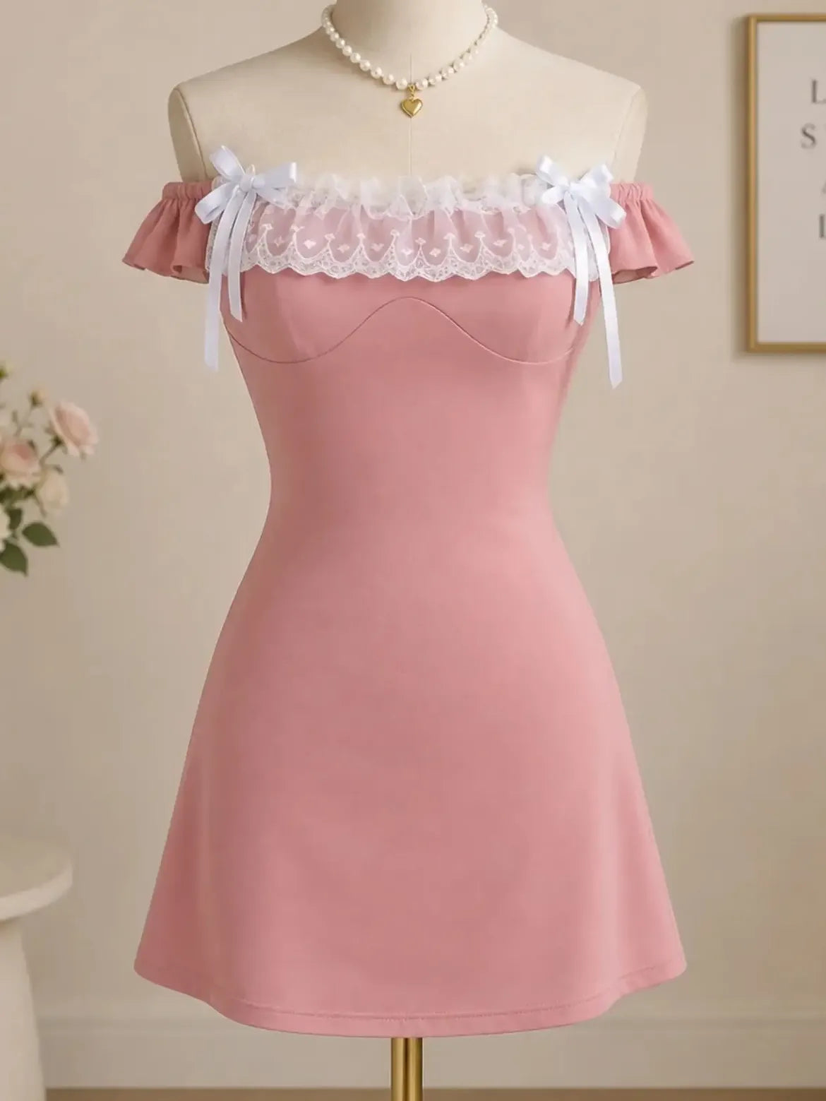 Pink Lace Trim Off Shoulder Mini Dress