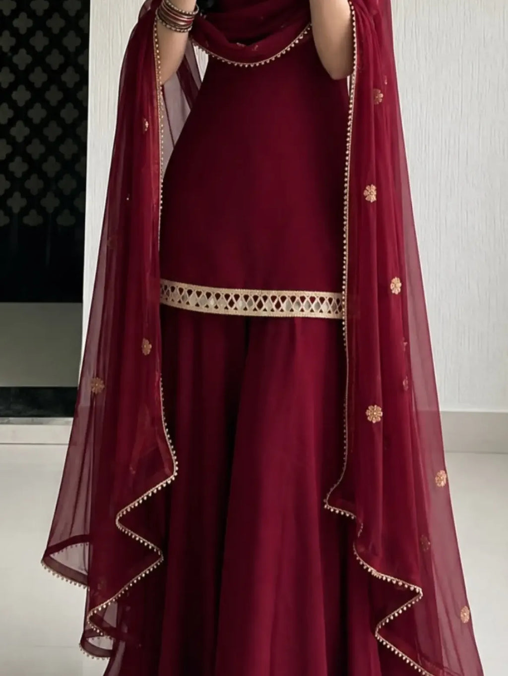 Maroon Gold Trim Sharara Outfit