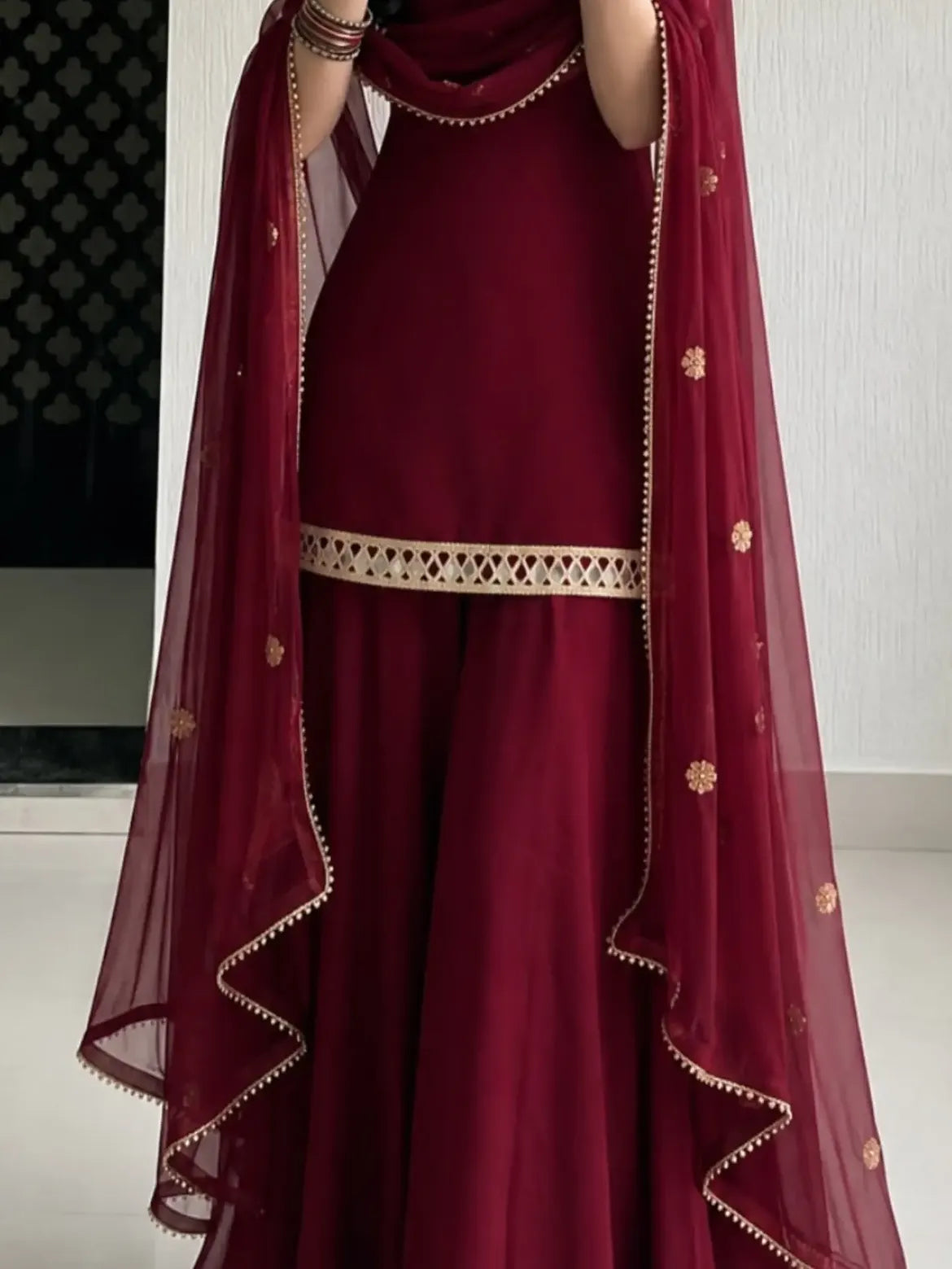 Maroon Gold Trim Sharara Outfit