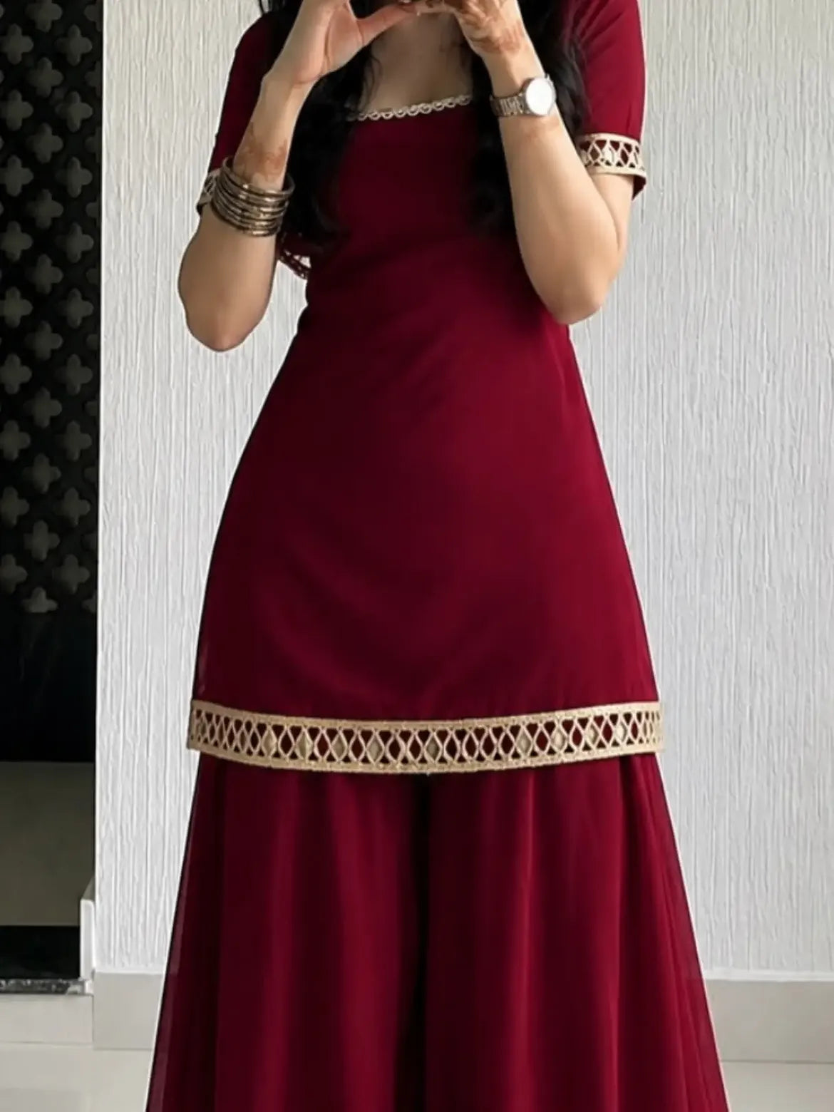 Maroon Gold Trim Sharara Outfit