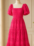 Hot Pink Eyelet Puff Sleeve Dress