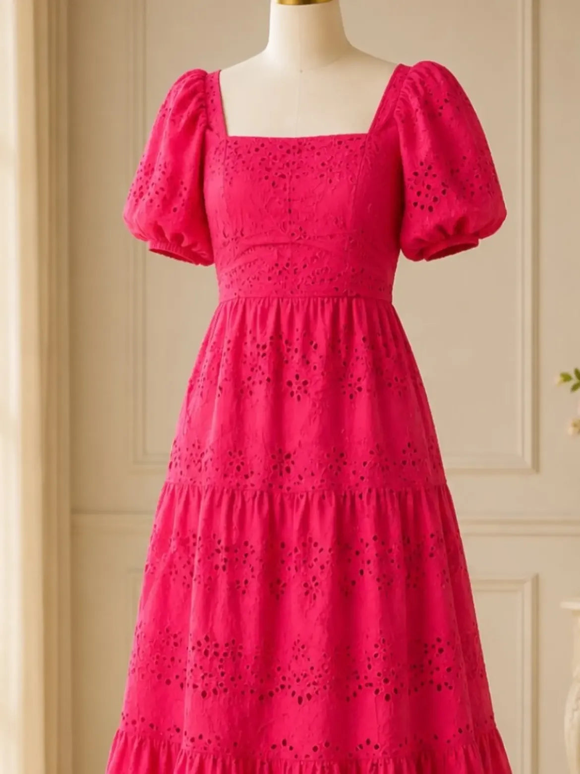 Hot Pink Eyelet Puff Sleeve Dress