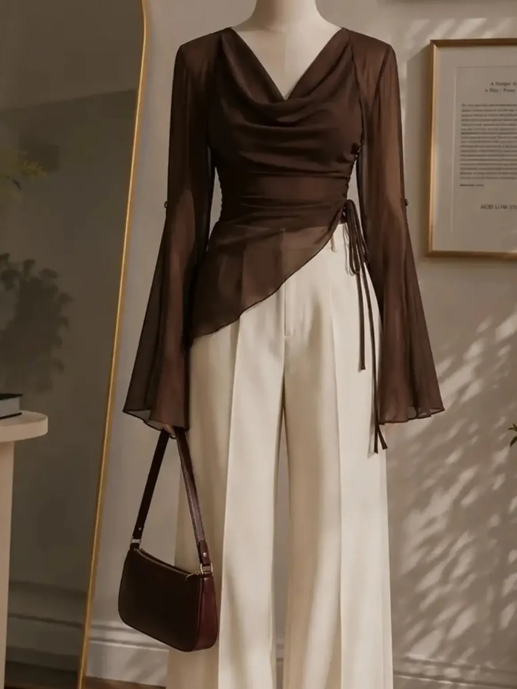Brown Cowl Neck Flared Sleeve Top