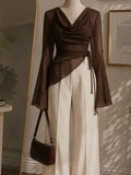Brown Cowl Neck Flared Sleeve Top