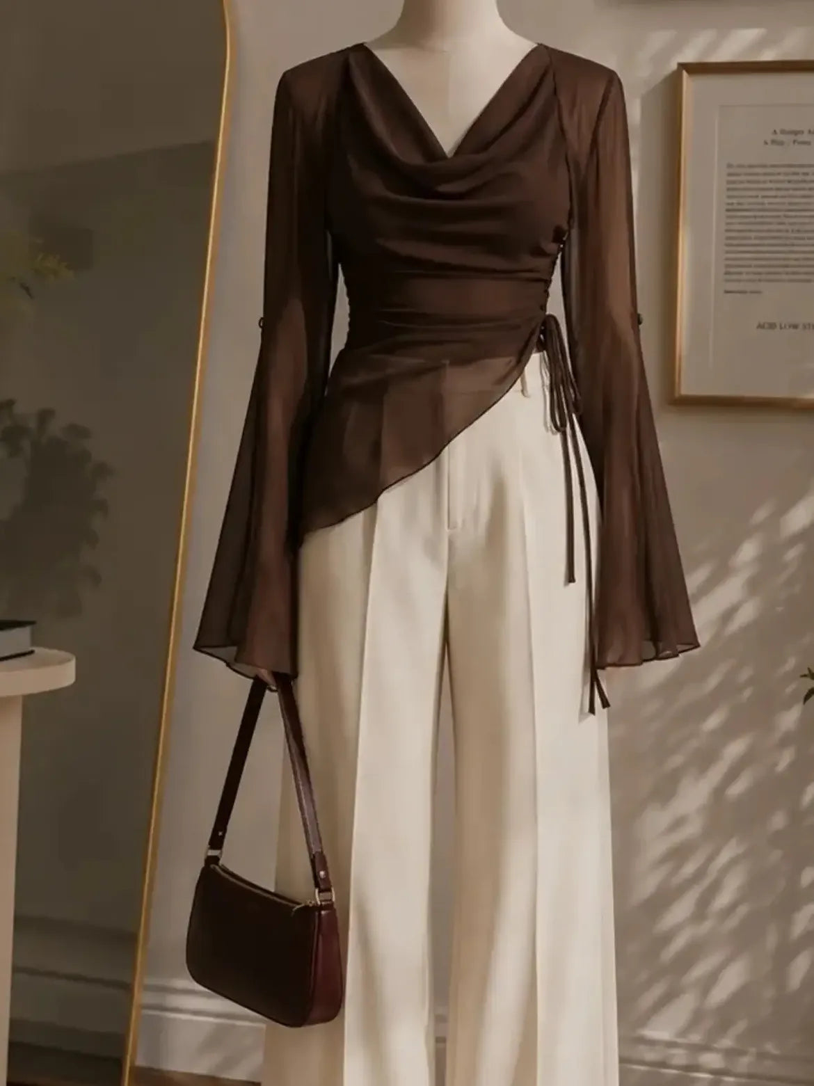 Brown Cowl Neck Flared Sleeve Top