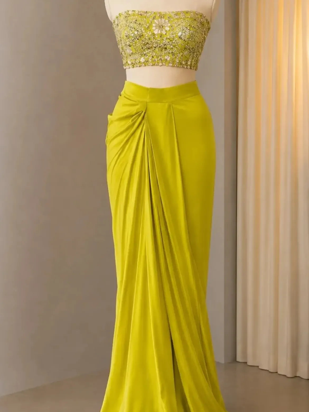 Lime Embellished Bandeau Drape Skirt Outfit