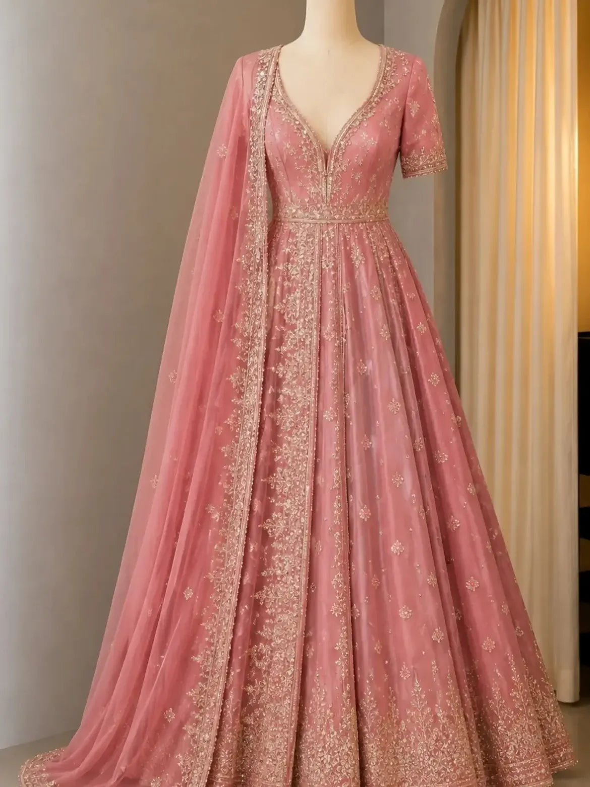 Rose Pink Embroidered Anarkali Outfit