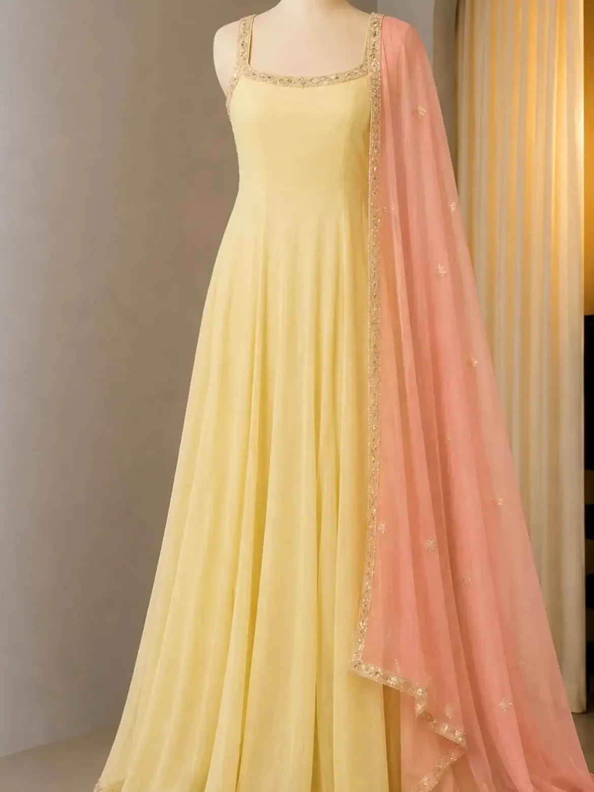 Pale Yellow Flared Ethnic Dress Outfit