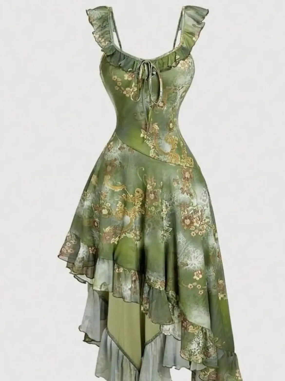 Olive Floral Ruffle Asymmetric Dress