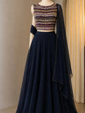 Navy Embellished Crop Blouse Skirt Outfit
