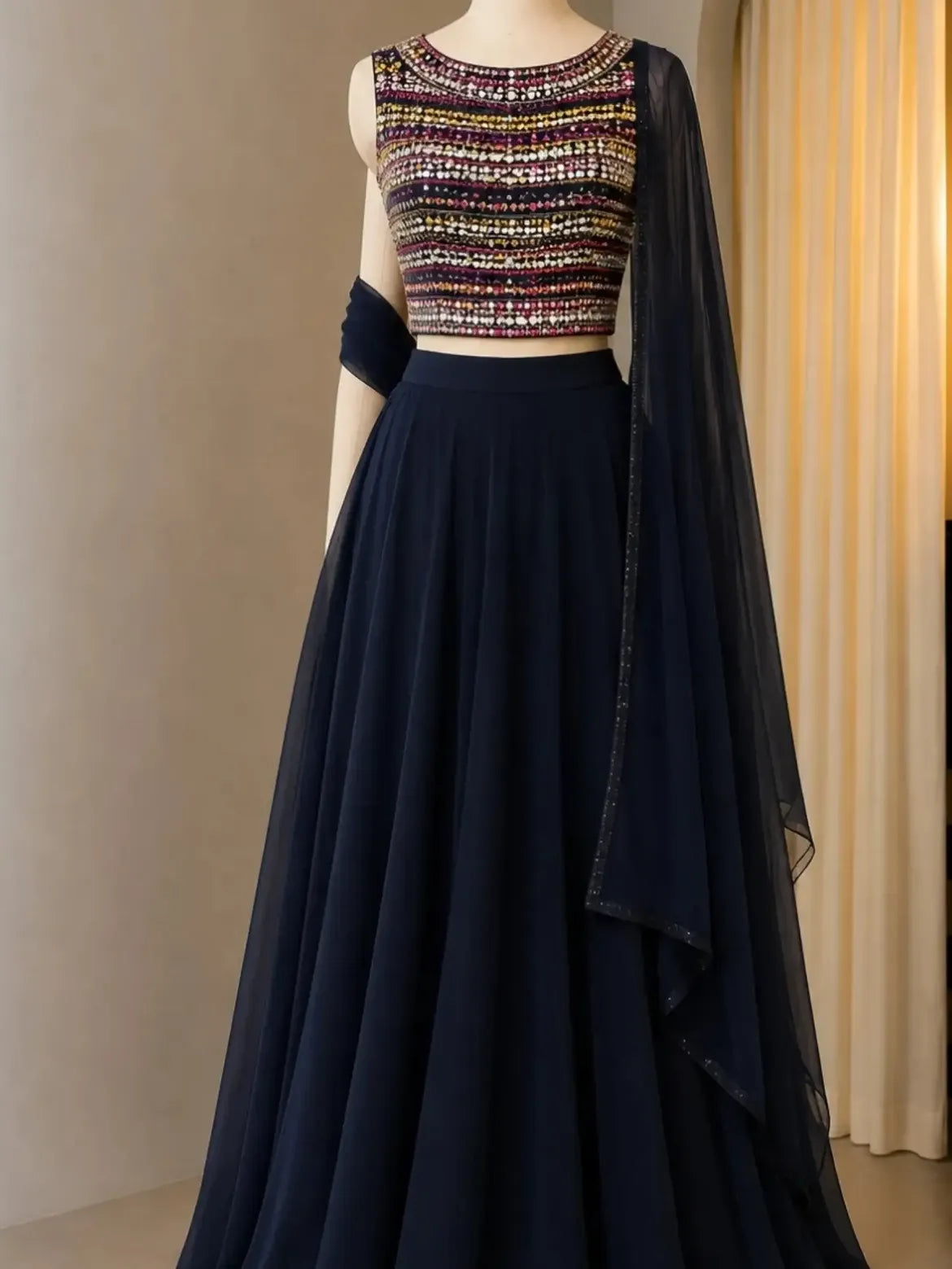 Navy Embellished Crop Blouse Skirt Outfit