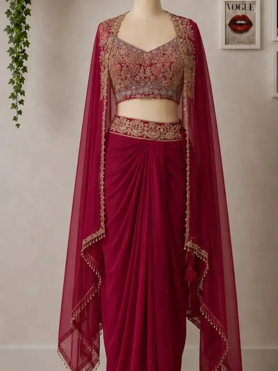 Maroon Embellished Drape Skirt Outfit