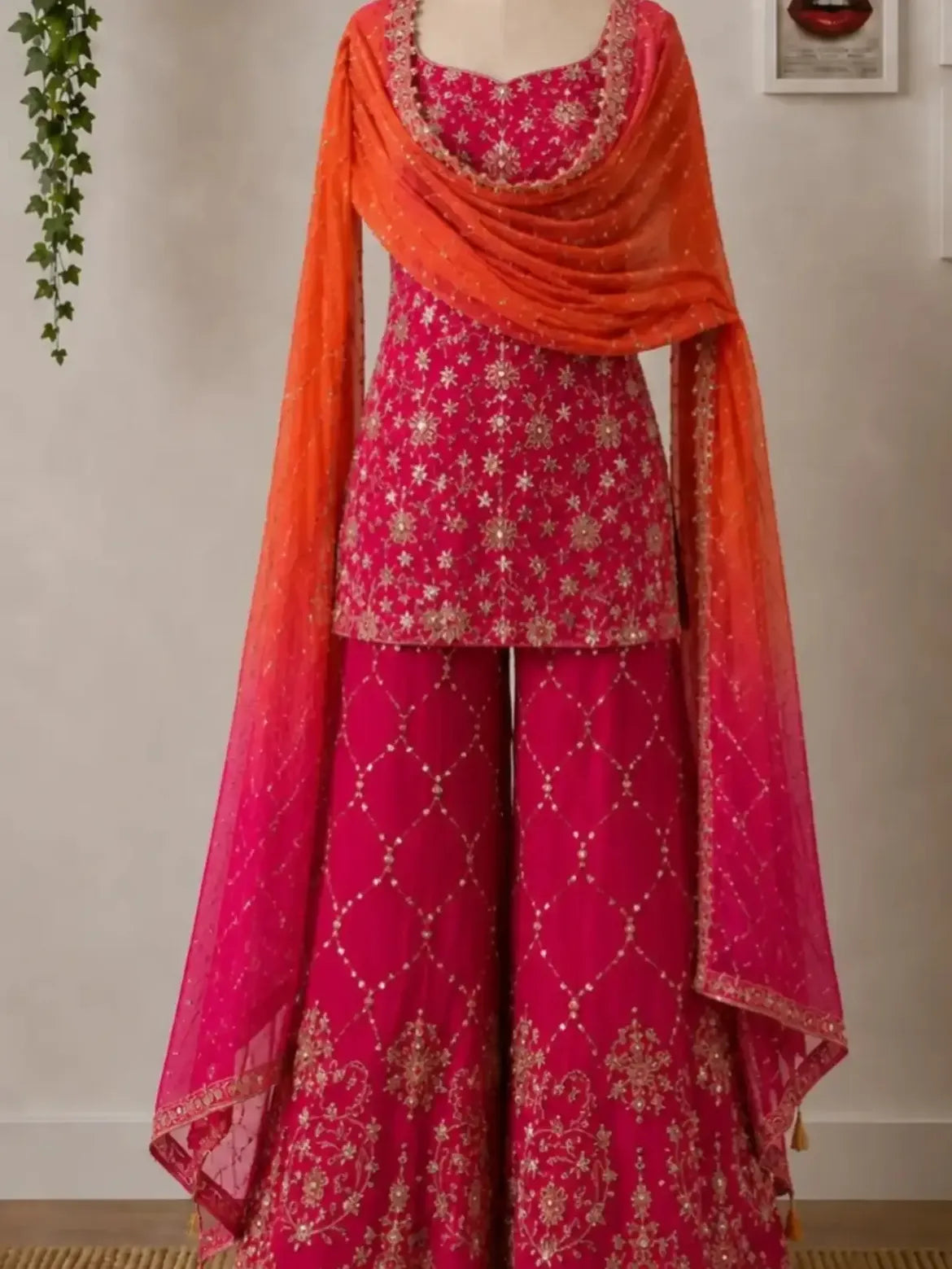 Fuchsia Embroidered Sharara Orange Dupatta Outfit