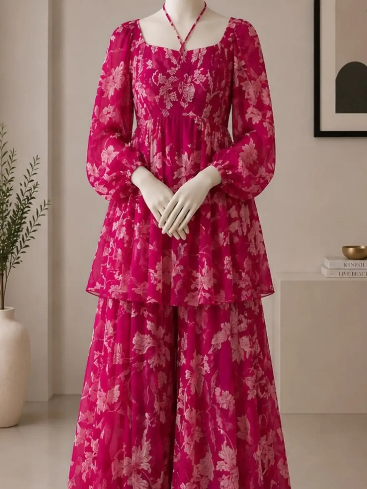 Fuchsia Floral Peplum Trouser Outfit
