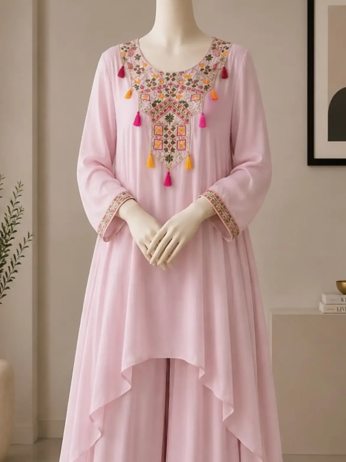 Pink Embroidered Asymmetric Kurta Outfit