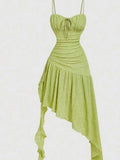Lime Green Ruched Asymmetric Dress