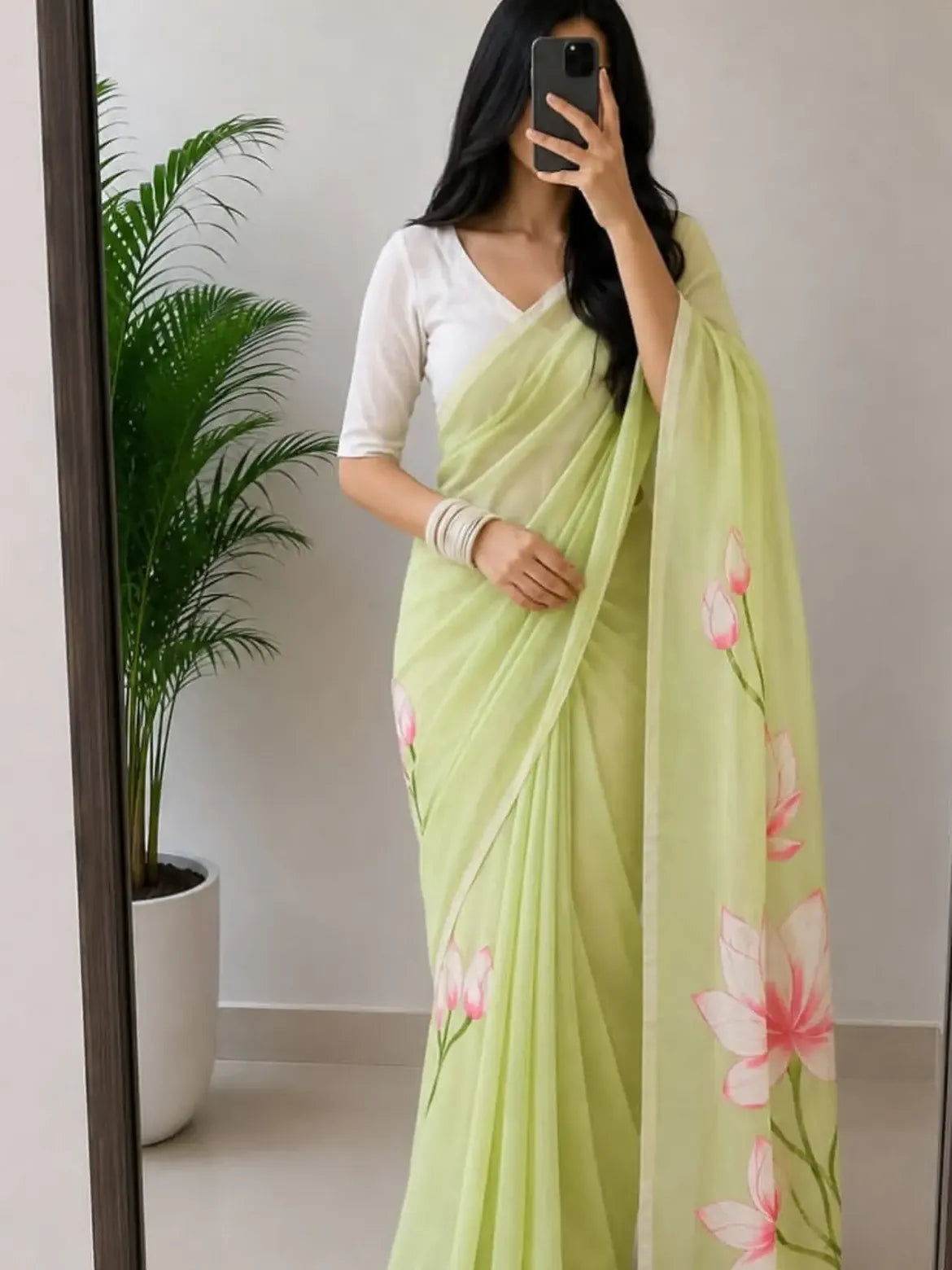 Lime Green Pink Floral Saree
