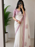 White Pink Floral Border Saree