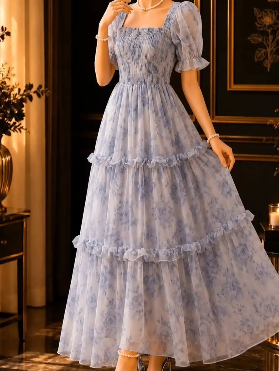 Blue Floral Puff Sleeve Tiered Maxi Dress
