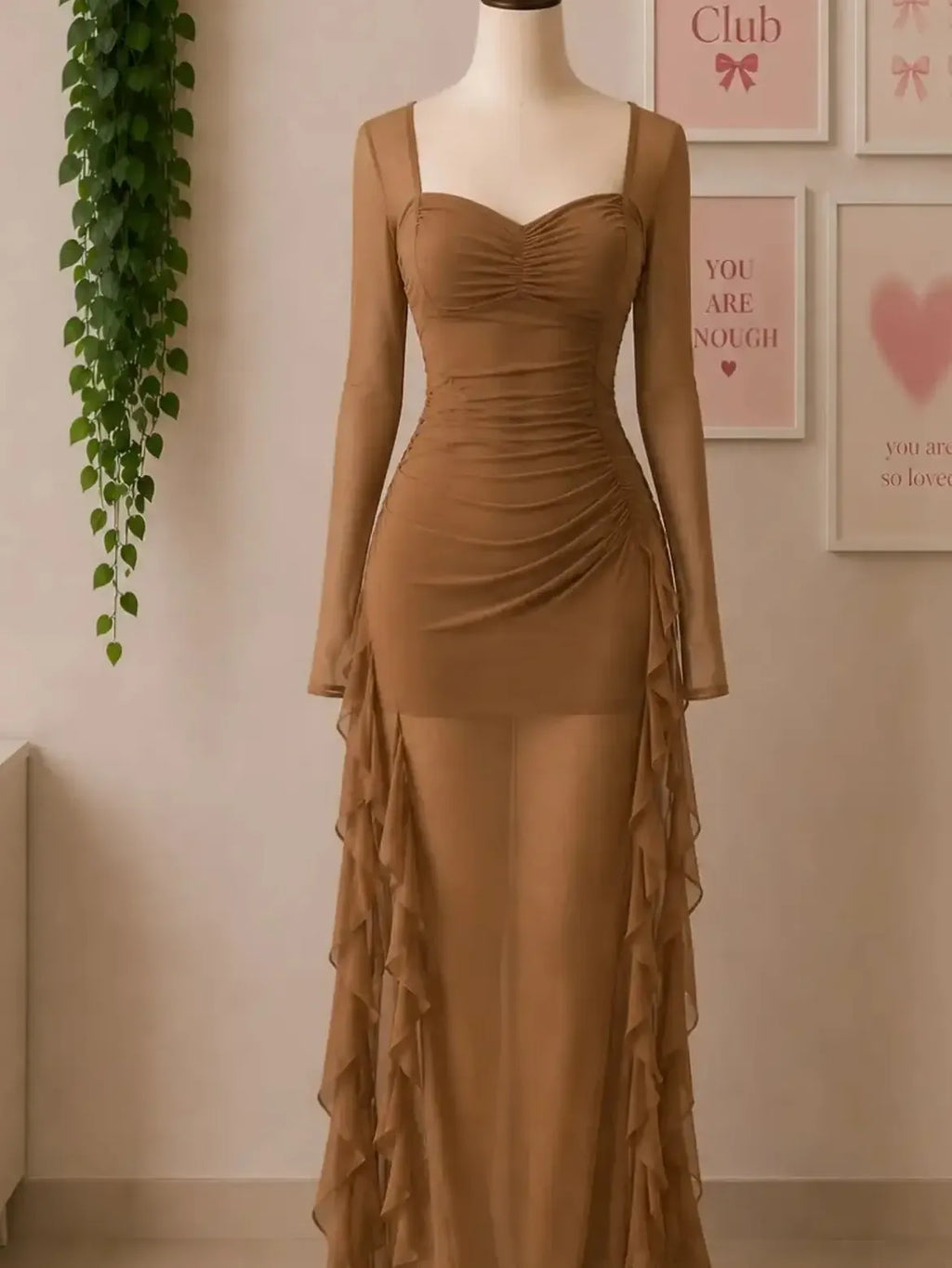 Caramel Ruched High Slit Maxi Dress