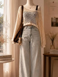 Cream Open Knit Long Sleeve Top
