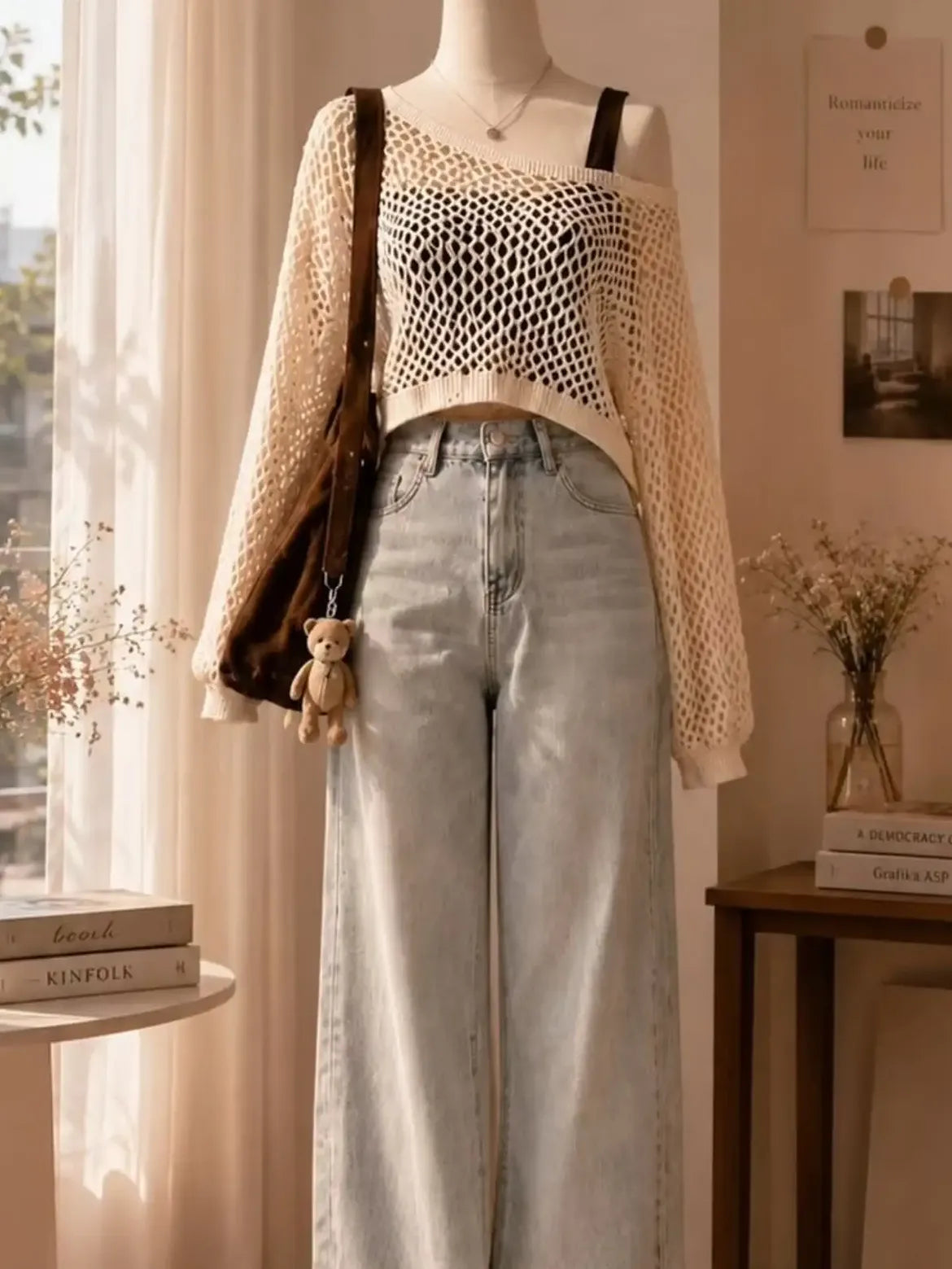 Cream Open Knit Long Sleeve Top