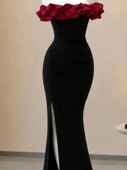 Black Red Ruffle Off Shoulder Gown
