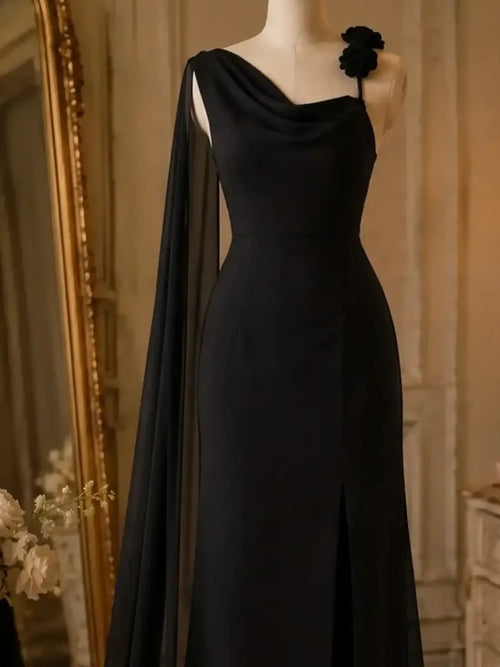 Black Asymmetric Drape Shoulder Gown