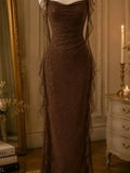 Chocolate Ruched Ruffle Maxi Dress