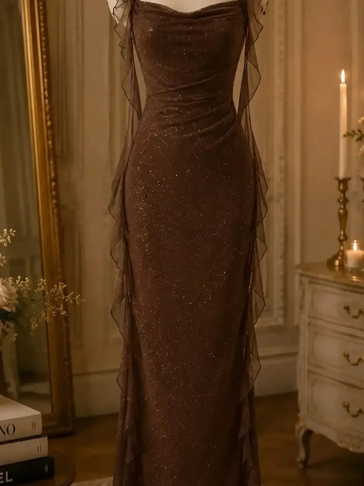 Chocolate Ruched Ruffle Maxi Dress