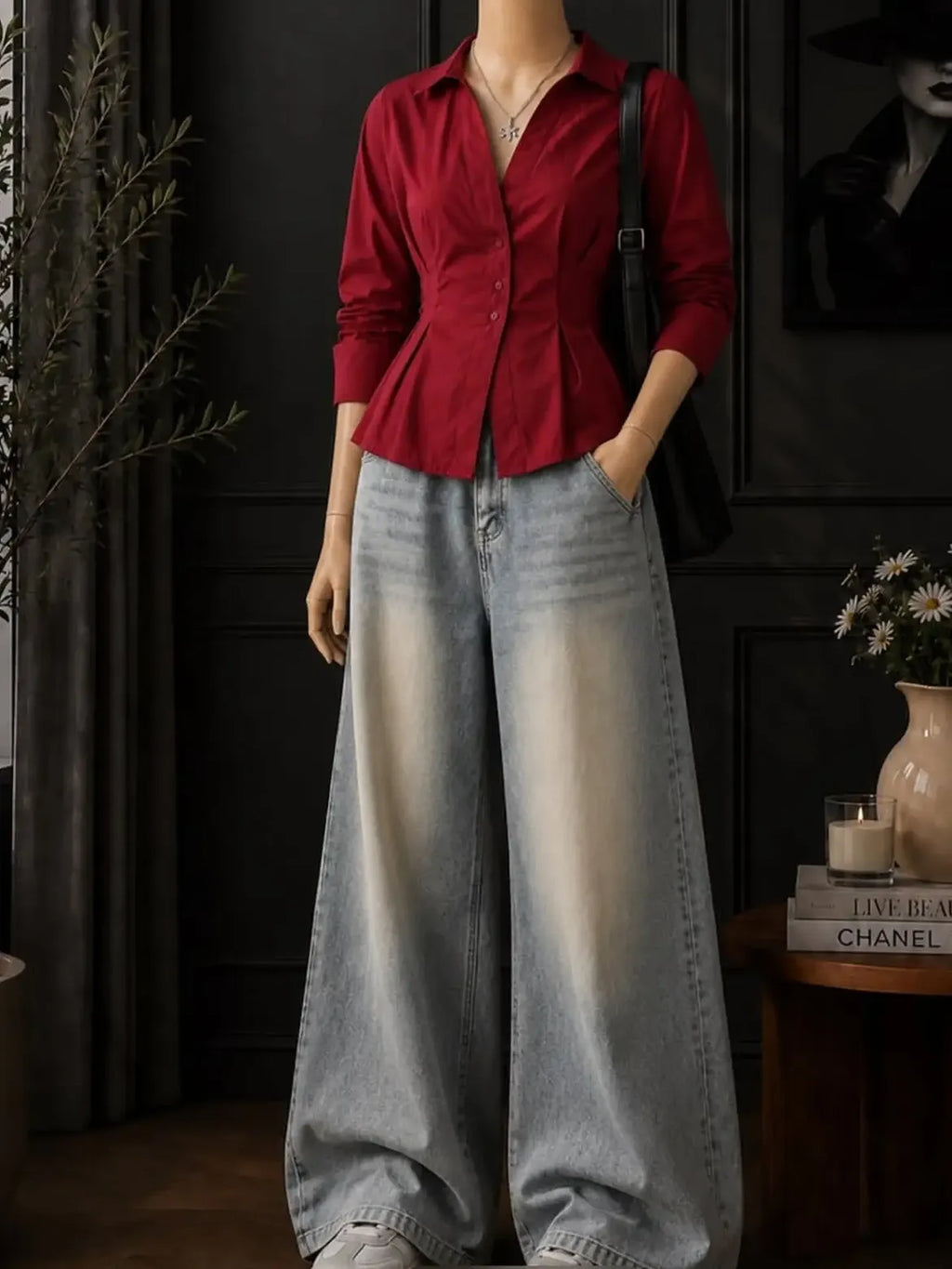 Red Collared Fitted Button Front Shirt