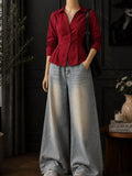 Red Collared Fitted Button Front Shirt