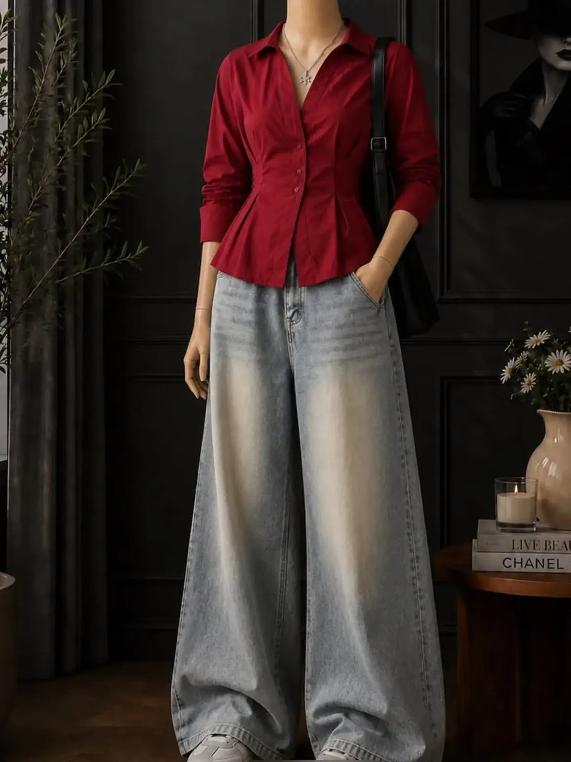 Red Collared Fitted Button Front Shirt