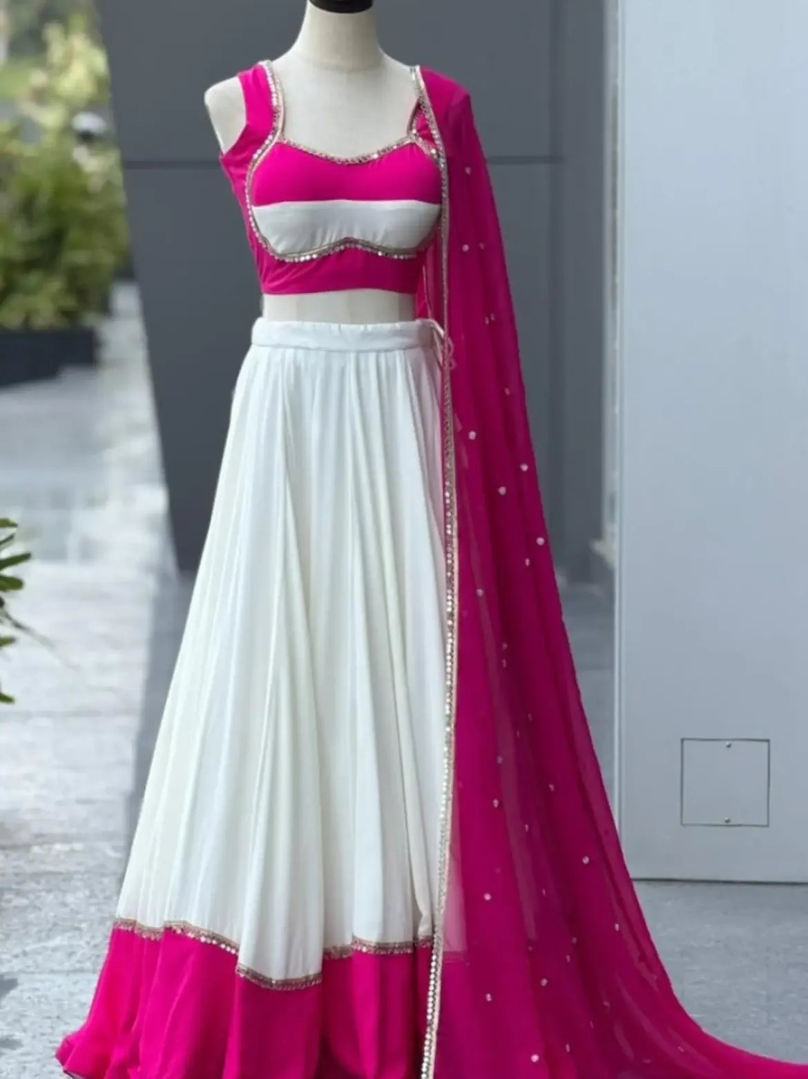 White and Fuchsia Lehenga Outfit