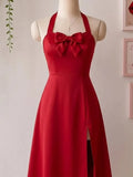 Red Halter Bow Front Slit Dress