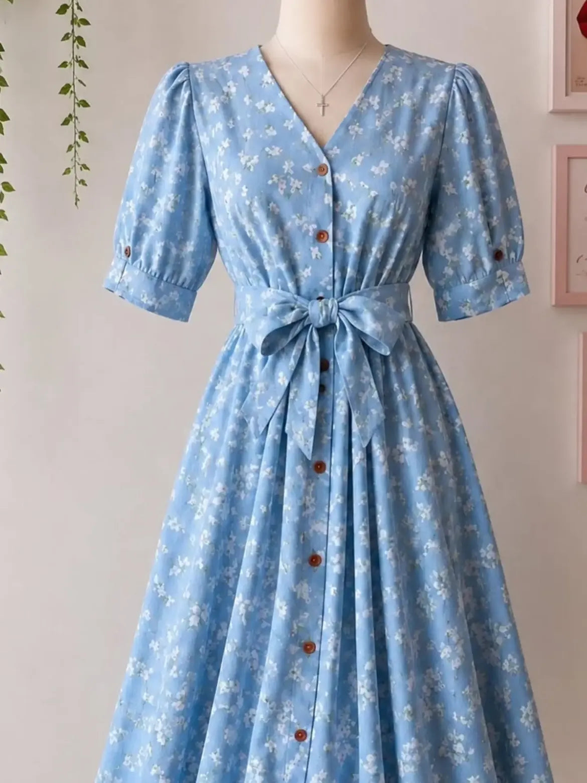 Blue Floral Button Front Tie Waist Dress