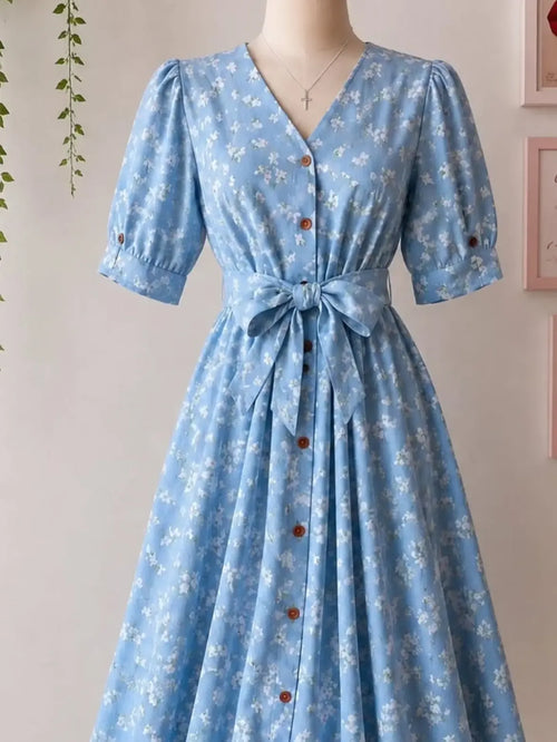 Blue Floral Button Front Tie Waist Dress