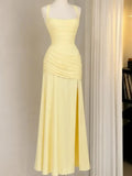 Pale Yellow Ruched Slit Maxi Dress
