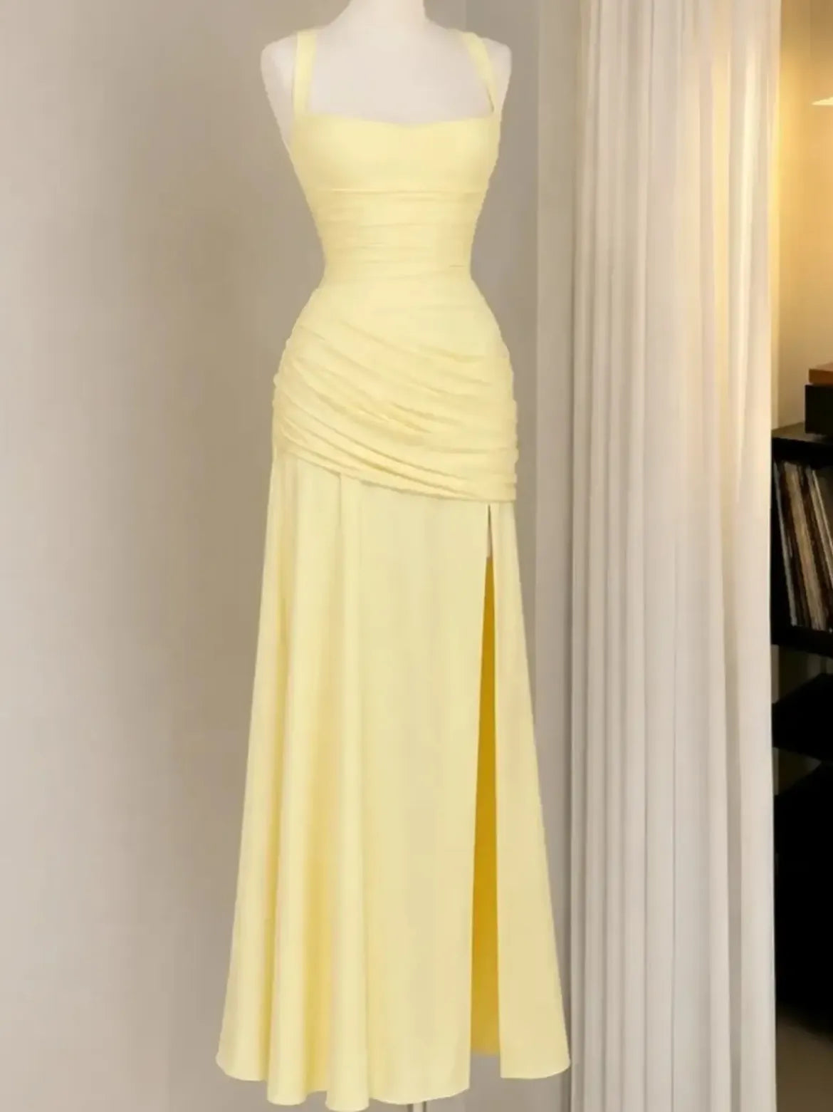 Pale Yellow Ruched Slit Maxi Dress