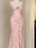 Pink Floral Ruffle Slit Maxi Dress