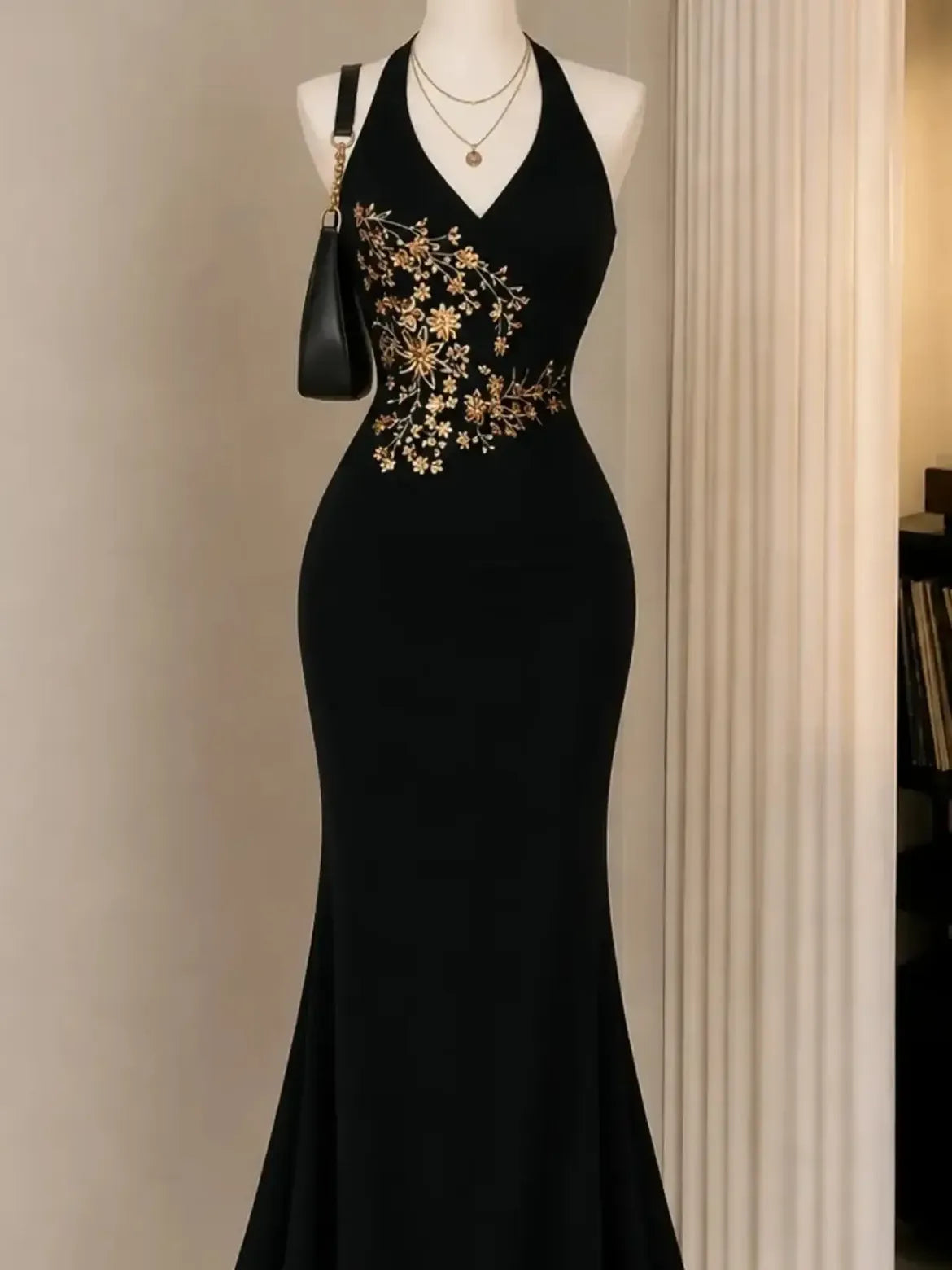 Black Gold Floral Halter Gown