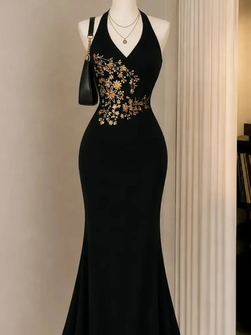 Black Gold Floral Halter Gown