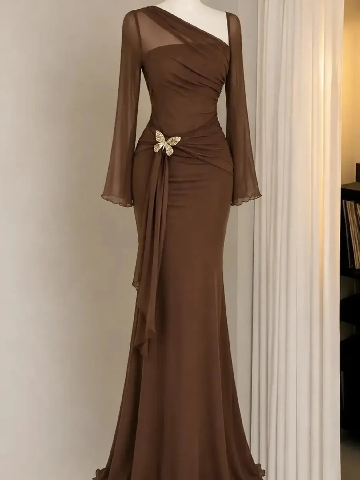 Chocolate One Shoulder Cape Sleeve Gown