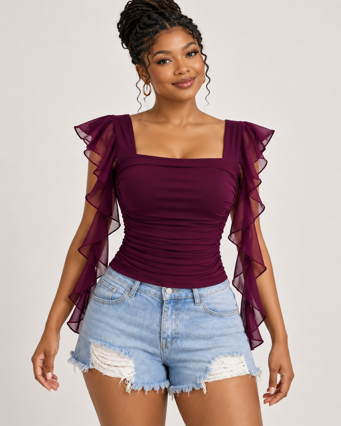 Women's Burgundy Wrap Collar Puff Sleeve Blouse on model