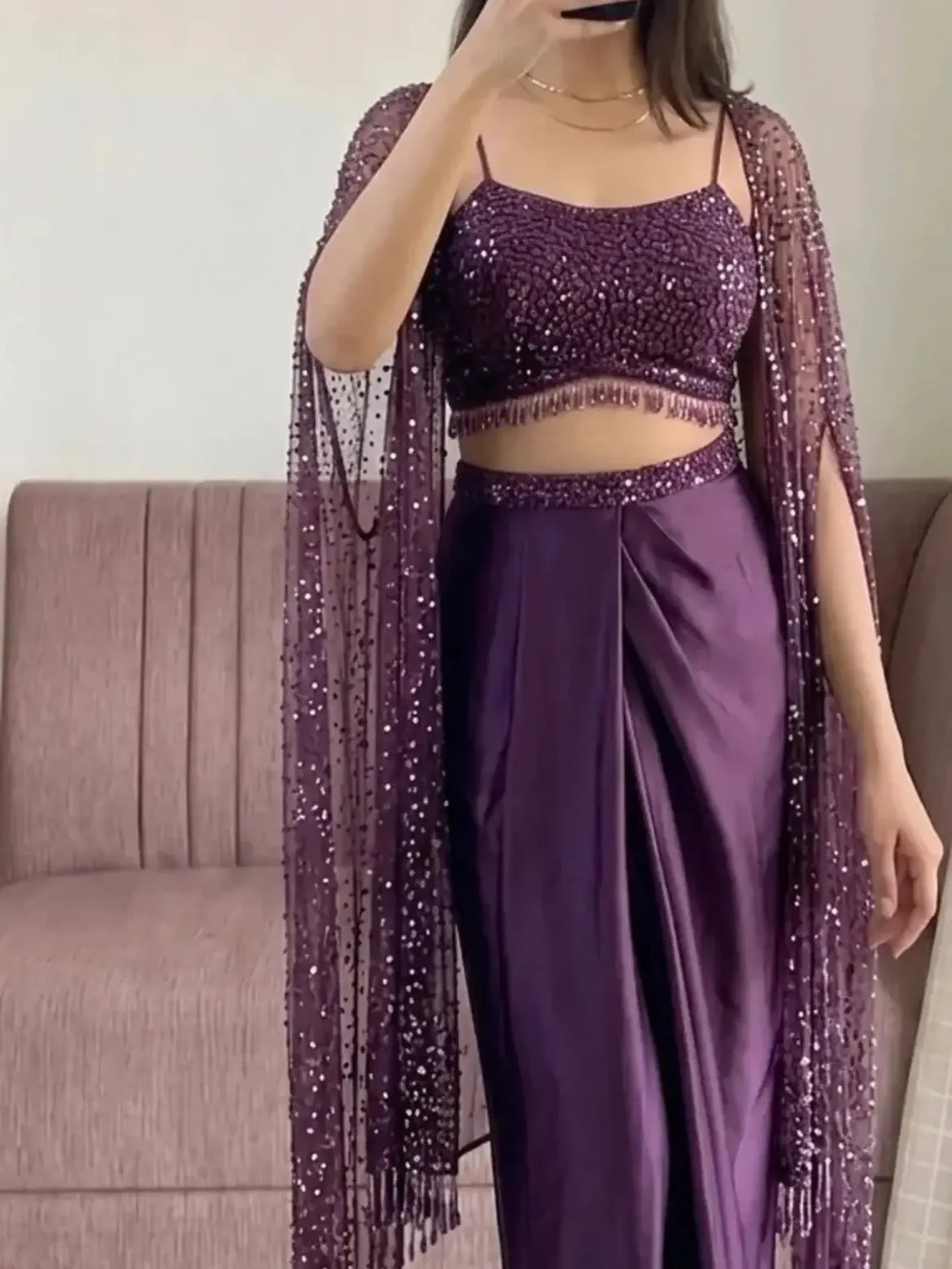 Purple Sequin Drape Skirt Outfit