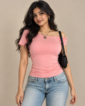 Women's Cream One-Shoulder Twist Front Peplum Top on model
