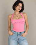 Women's Pink Gingham Twist Front Peplum Halter Top on model