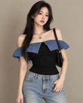 Women's Ivory Ditsy Floral Puff Sleeve Crop Top on model