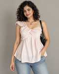Women's Plum Ruffle Shoulder Ruched Top on model